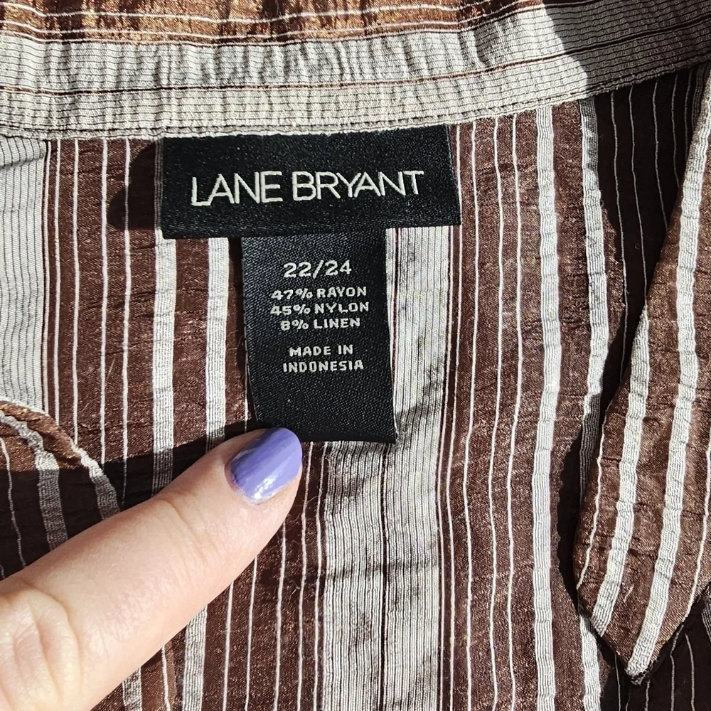 Lane Bryant Linen Striped Brown and White  Tie Sash Top Size 22-24